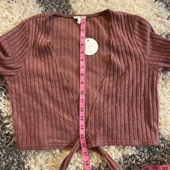 NWT En Creme women''s maroon ribbed v-neck tied front long sleeve sweater size L - Picture 10 of 11